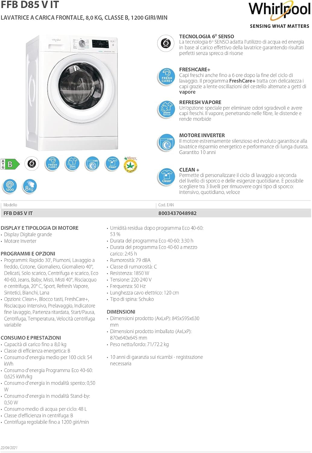 FFB D85 V IT, Machine À Laver À Chargement Frontal À Installation Libre, 8 Kg, 1200 Tours/Min