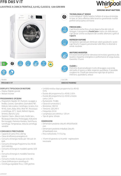 FFB D85 V IT, Machine À Laver À Chargement Frontal À Installation Libre, 8 Kg, 1200 Tours/Min
