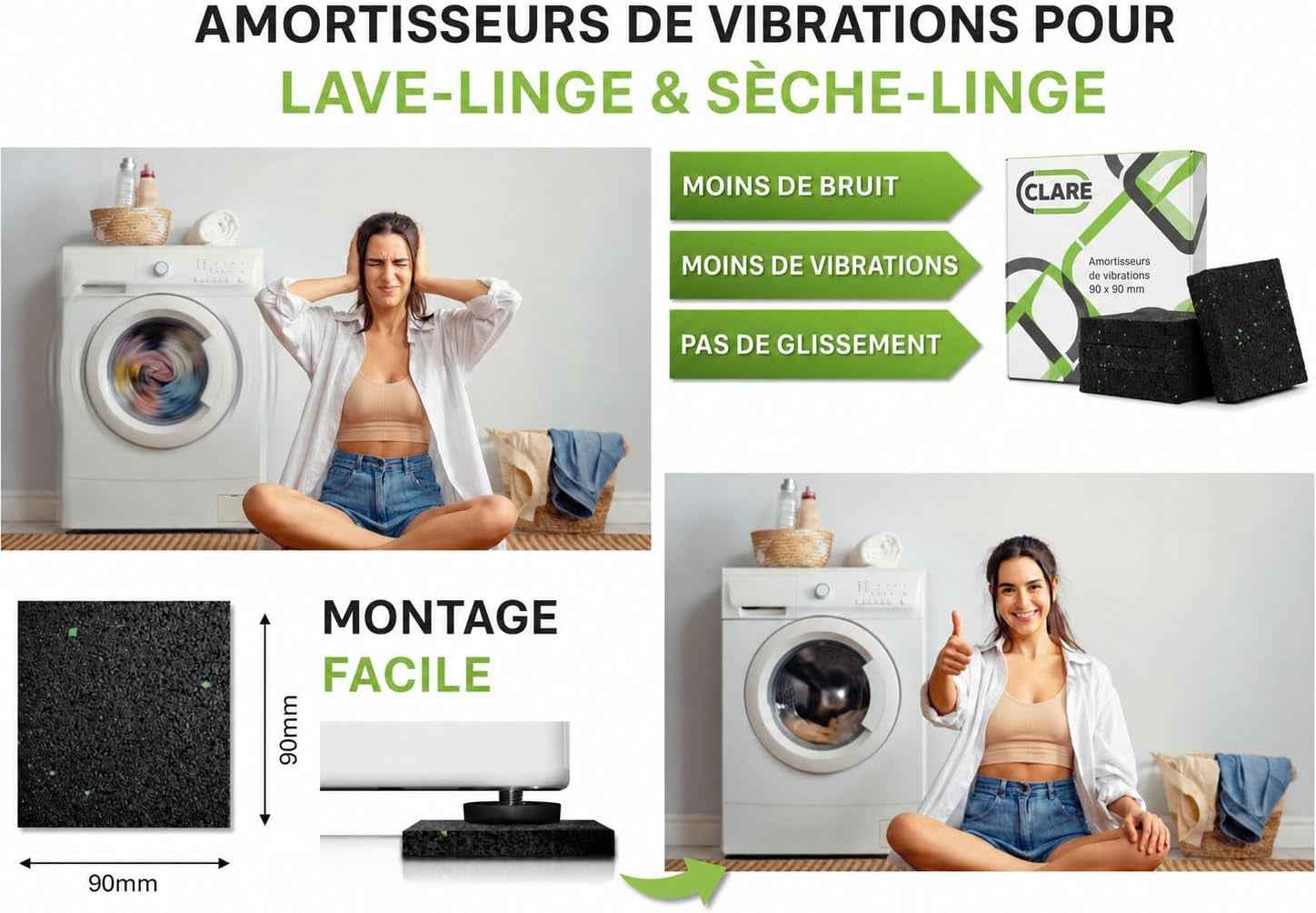 Tapis anti Vibration Machine À Laver Et Pieds Antivibrants | Stabilisateur Machine À Laver | Réduit Bruit Et Vibrations | Patins Antidérapants Haute Qualité | Lot De 4 Pièces