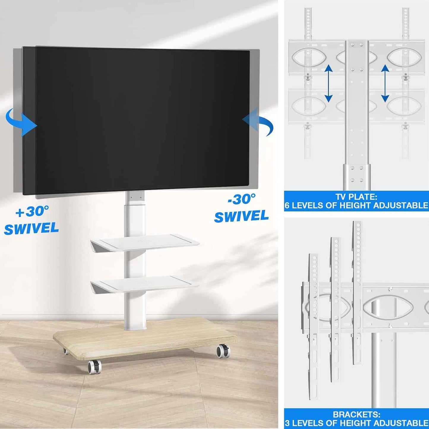 Blanc Support TV Roulettes Support TV Sur Pied Avec Socle En Bois Pour Télé De 26 À 65 Pouces, Réglable En Hauteur Pied TV Avec 3 Étagères Jusqu 'À 35 Kg, Max. VESA 400X400Mm