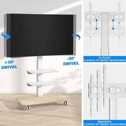 Blanc Support TV Roulettes Support TV Sur Pied Avec Socle En Bois Pour Télé De 26 À 65 Pouces, Réglable En Hauteur Pied TV Avec 3 Étagères Jusqu 'À 35 Kg, Max. VESA 400X400Mm
