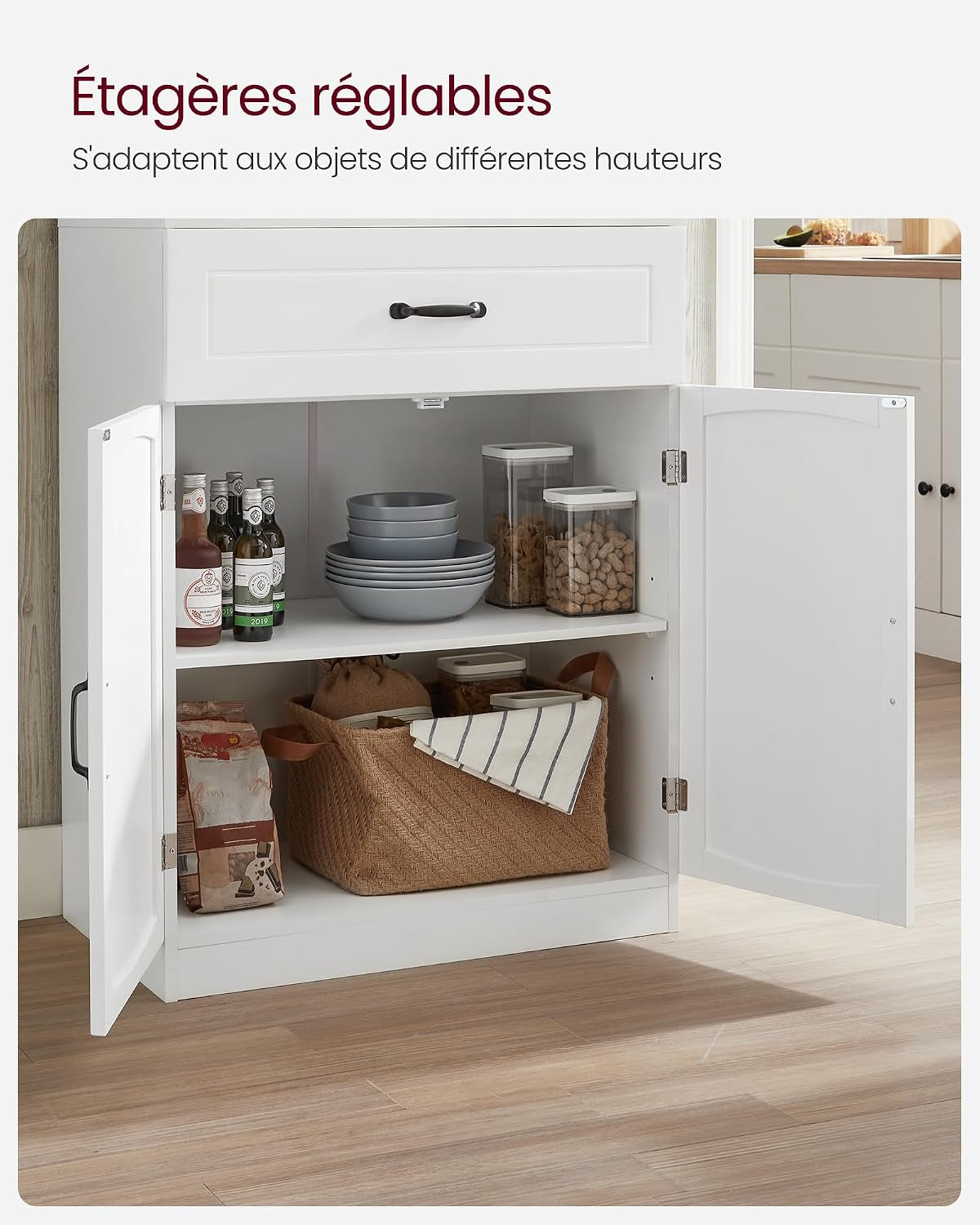 Buffet Haut Cuisine, Meuble De Rangement, Garde-Manger, Vaisselier, Avec Portes En Verre Et Étagères Réglables, Trou De Passage Des Câbles, Pour Micro-Ondes, Style Moderne, Blanc LSC361W21 | Armoire Multi-Usages Avec Étagères Réglables, Trou De Câble, Style Maison De Campagne, Blanc, Collection SOFIE LSC361W21