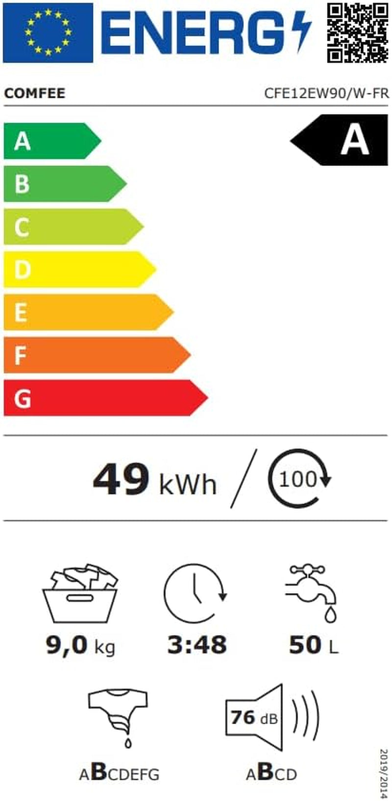' Lave-Linge 9KG Classe a Moteur BLDC 1400RPM Blanc CFE12EW90/W-FR | 15 Programmes, Prélavage, Lavage À La Lapeur, Lavage Rapide, Design Slim 50 Cm, Frontal Machine À Laver