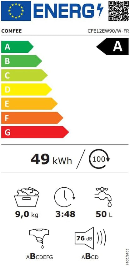 ' Lave-Linge 9KG Classe a Moteur BLDC 1400RPM Blanc CFE12EW90/W-FR | 15 Programmes, Prélavage, Lavage À La Lapeur, Lavage Rapide, Design Slim 50 Cm, Frontal Machine À Laver