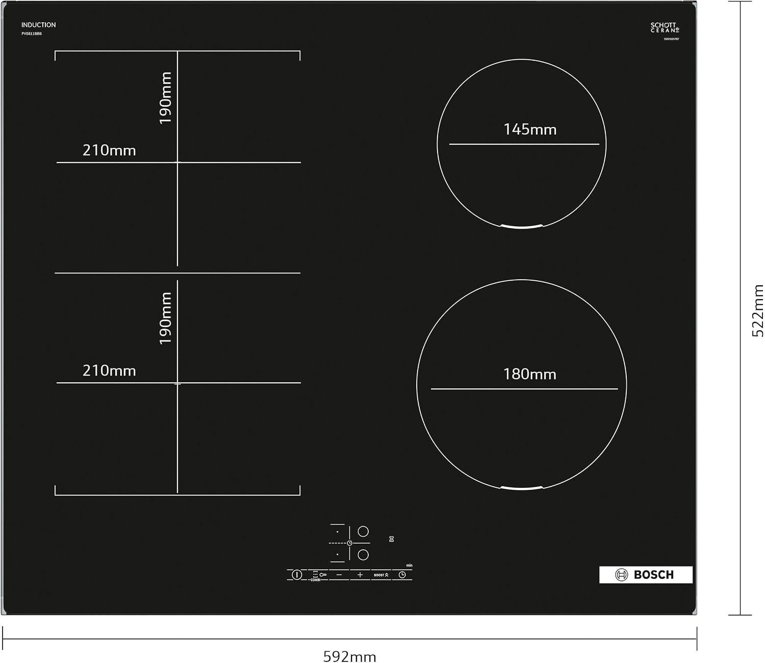 Bosch PVS611BB6E Série 4 - Plaque Induction, Zone Combi-Induction | 60 Cm, Noir, Powerboost (Induction), Touch Select, Timer Avec Fonction Arrêt