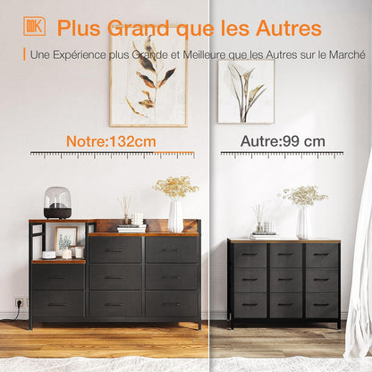 Commode Chambre, 2 Ports USB Et 2 Ports AC, 8 Vintage Tissu Tiroirs | Cadre En Acier Robuste, Plateau En Bois, Commode Salon, 132 X 30 X 88 Cm