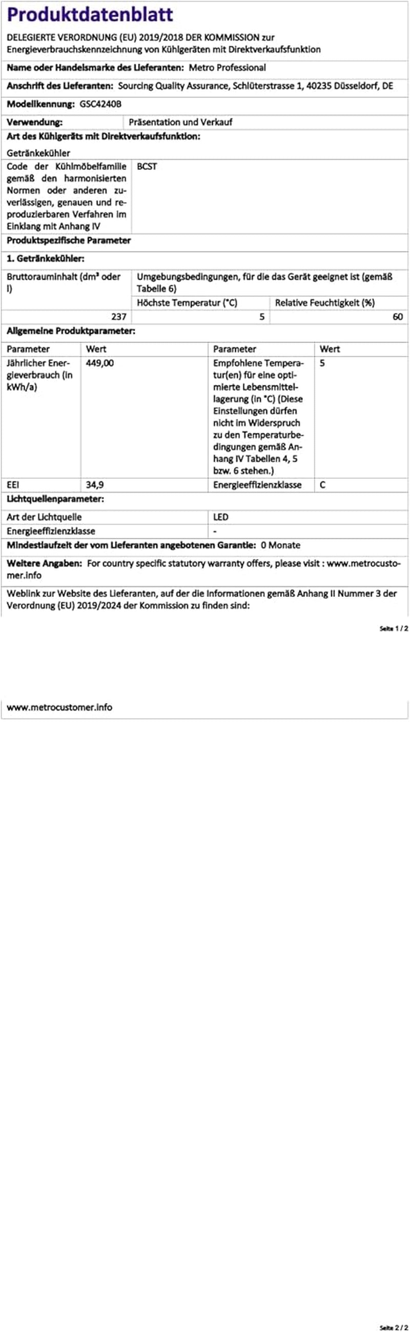 METRO Professional Réfrigérateur À Boissons GSC4240B, 237 L, Refroidissement Statique, 110 W, Noir, Bar, Restauration