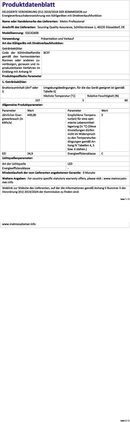 METRO Professional Réfrigérateur À Boissons GSC4240B, 237 L, Refroidissement Statique, 110 W, Noir, Bar, Restauration