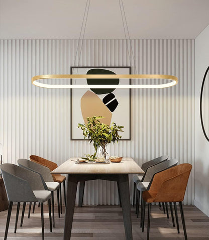 Suspension Ovale Lampes De Bureau De Table À Manger, Suspension LED Plafonnier Dimmable Avec Télécommande, Lustre Design Anneau Moderne (L90Cm, Or)