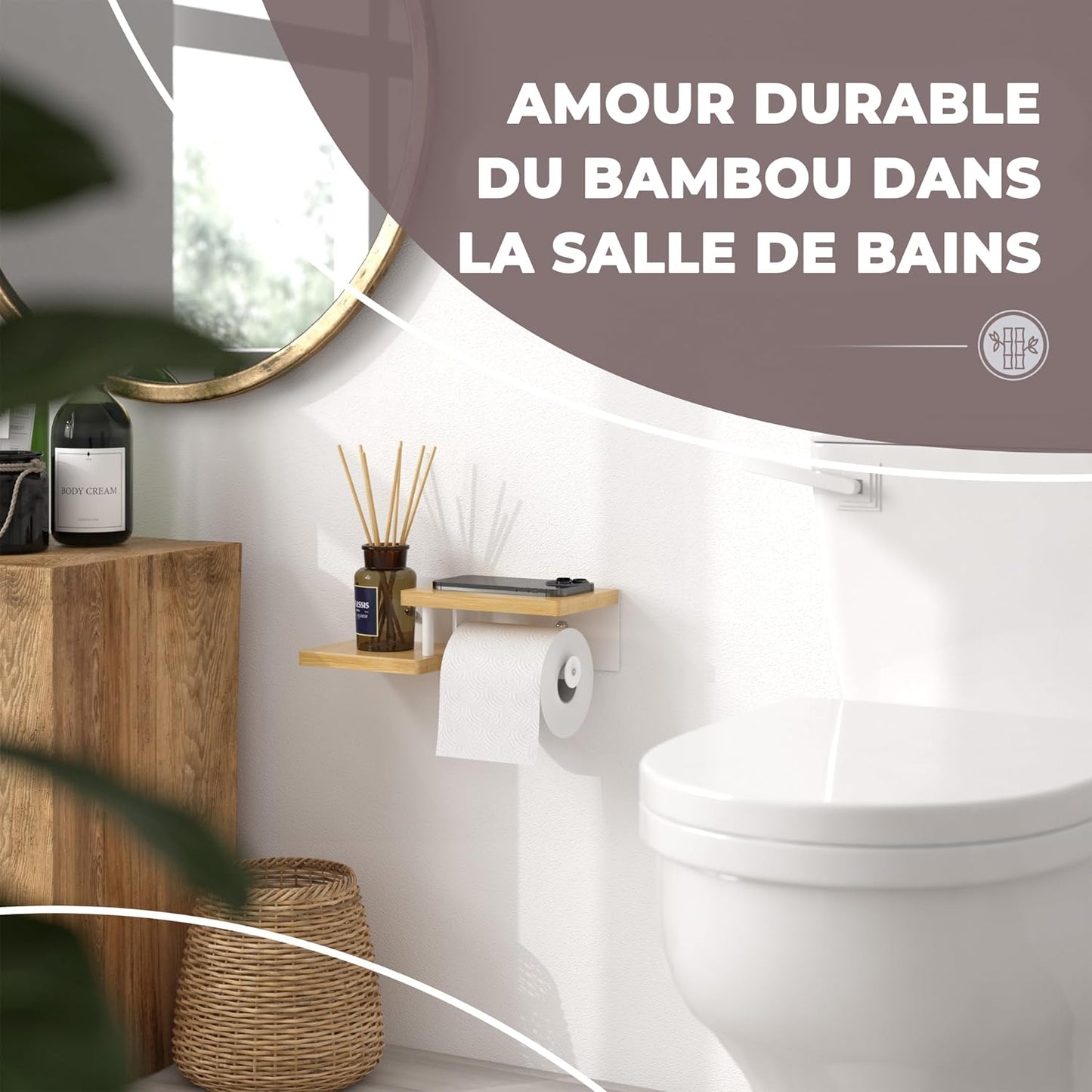 ® Porte Papier Toilette Mural En Bois De Bambou [Sans PERCAGE] | Derouleur Papier Toilette De Haute Qualité Avec Étagères | Blanc | Porte Rouleaux De Papier Toilette