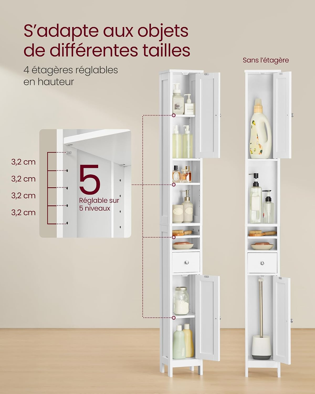 Colonne Salle De Bain Haute, Meuble Salle De Bain Etroit, Avec Étagères Réglables, Tiroir, Compartiments Ouverts, Pour Les Petits Espaces, Moderne, Blanc Nuage BBC765W01