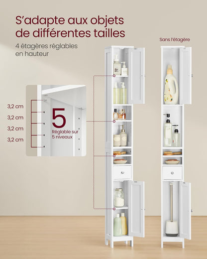 Colonne Salle De Bain Haute, Meuble Salle De Bain Etroit, Avec Étagères Réglables, Tiroir, Compartiments Ouverts, Pour Les Petits Espaces, Moderne, Blanc Nuage BBC765W01