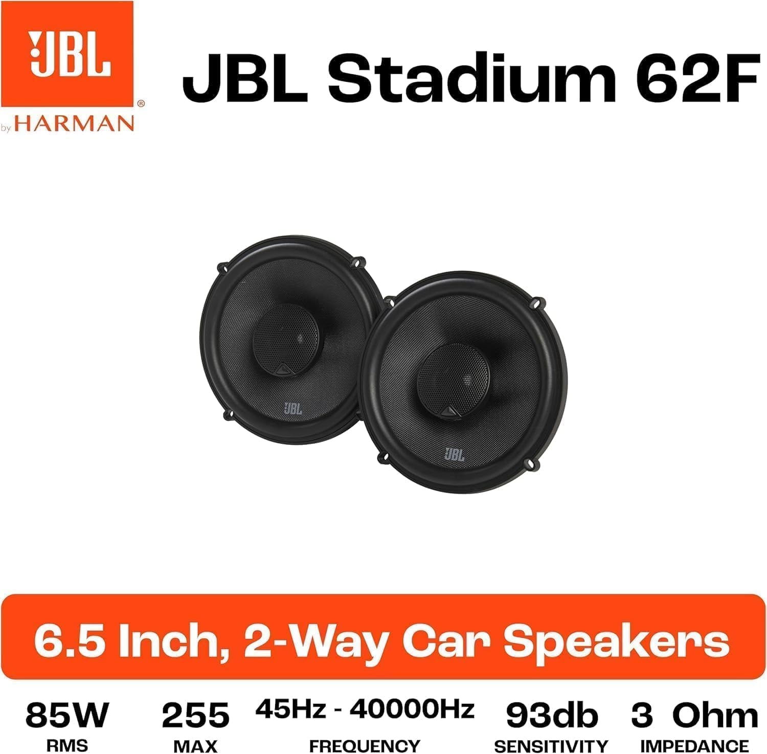 Stadium 62F 6.5 in / 16.5 Cm Haut-Parleur Coaxial 2 Voies Voiture | 85 W RMS / 255 W Max, 93 Db, 3 Ohm, 45 Hz-40 Khz Hi-Res - Woofer Fibre De Verre plus One - Tweeter Dôme Textile Edge-Driven