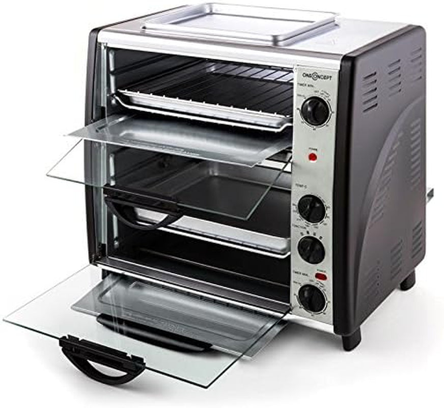 Oneconcept All-You-Can-Eat - Four Grill, Four Électrique, Four Double, 42L Au Total, 2400W, Température Réglable, 60-240°, Timers, 2X Plaques, Fenêtre Large, Broche, Poids 7Kg, Argent