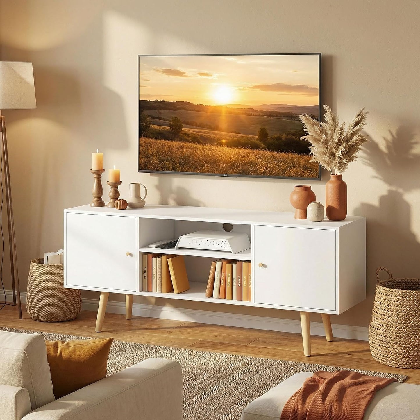 Meuble TV 120 Cm Pour Téléviseur Jusqu'À 55 Pouces Blanc | Meuble Télé, 2 Placards, 2 Étagères Ouvertes, Banc TV Moderne, Salon, Chambre À Coucher