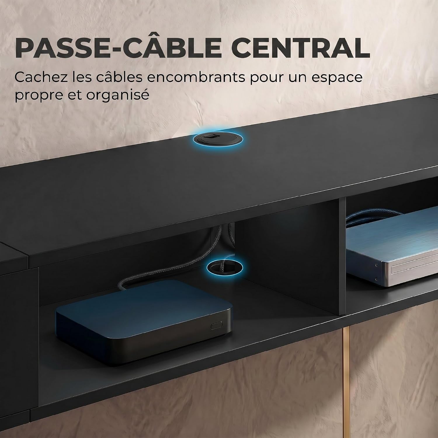 Meuble TV Suspendu 180 Cm Avec LED RGB Pour TV 75 Pouces Noir | Meuble Télé, Étagères Ouvertes, Banc TV Mural Pour Salon