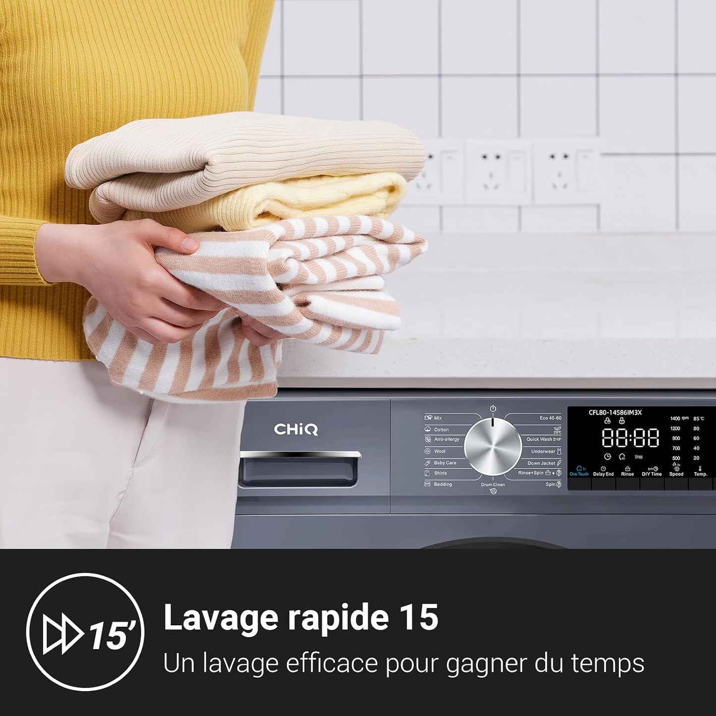8Kg Lave-Linge Avec Classe A-15% & Smart One Touch Gris | Lavage Vapeur, Programme Literie, Baby Care, Doudoune, Moteur Inverter, 1400 T/Min, 520Mm, 76Db, CFL80-14586IM3XA