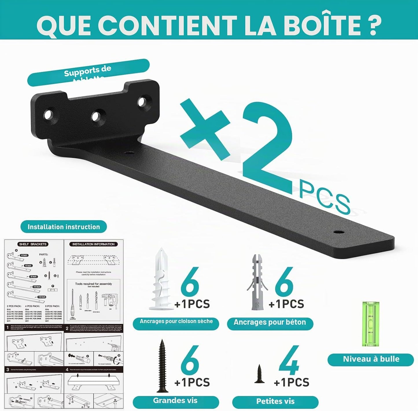 Lot De 2 Supports D'Étagère En Métal De 10 Cm, Avec Vis, Capacité De Charge De 70 Kg, Noir