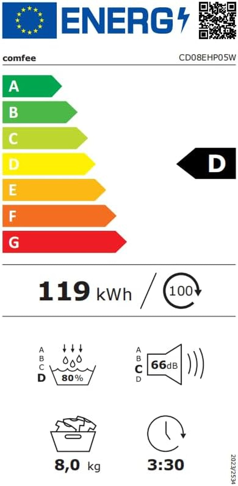 ' Sèche Linge Pompe À Chaleur 8KG Classe D Smart Dry CD08EHP05W | Séchage Rapide, Élimination Des Poils D'Animaux, 15 Programmes, Fonction Anti-Rides, Fonction Rafraîchissante, Blanc