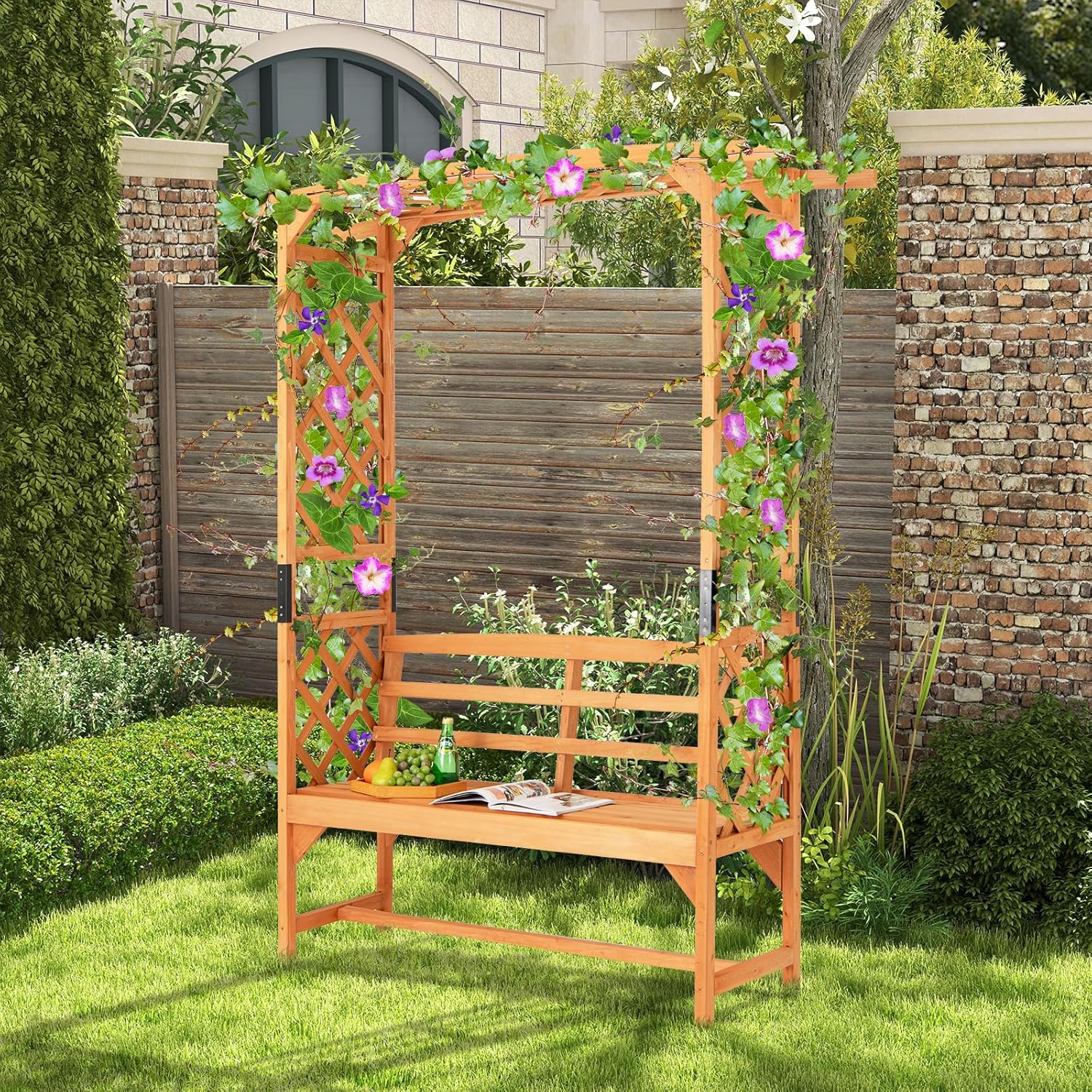 GOPLUS Arche Jardin avec Banc Exterieur, Banc et 2 Treillis pour Plantes Grimpantes, Vignes, Raisins,2 Places, pour Fête, Mariage (50x160x199CM)