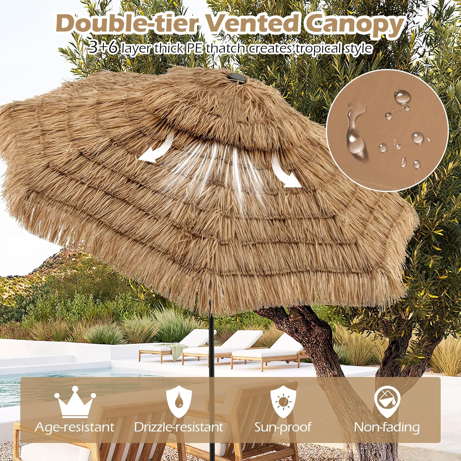 GOPLUS 3M Parasol en Paille PE avec 32 LED Solaires, Parasol Hawaïen Tropical avec Double Toit Inclinable, 8 Baleines, 9 Couches, Manivelle, Anti-UV, Manivelle, pour Jardin Patio Plage