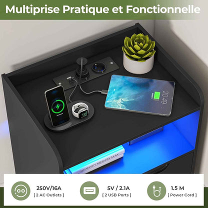Table De Chevet Lot De 2 Avec Lumières LED Et Multiprise (2 Prises CA, 2 Ports USB) Table De Nuit Lot De 2 Avec 1 Compartiment Ouvert Et 2 Tiroirs Pour Salon, Chambre, Bureau, Moderne, Noir