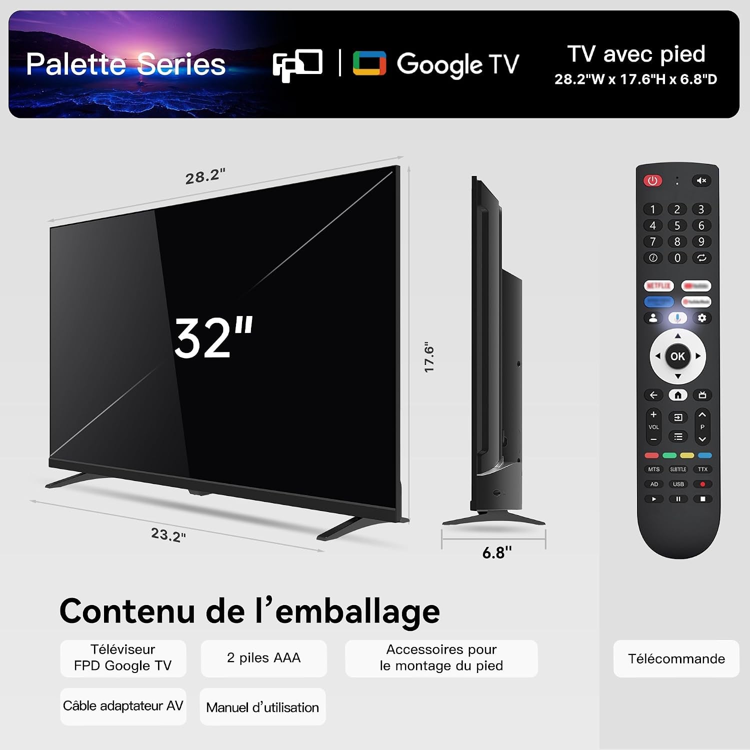 Smart TV 32 Pouces – (81 Cm) Google TV Avec Google Play, Google Cast, 720P HD Television, HDR 10, Dolby Audio, Télécommande Vocale, Streaming TV En Direct