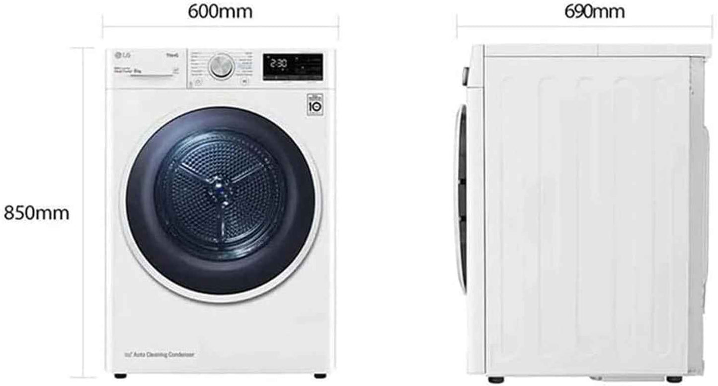 LG RH80V9AVHN Sèche-Linge - Pose Libre, 8 Kg, Chargement Frontal, DUAL Inverter, Pompe À Chaleur, Wi-Fi Avec Smartthinq, Eco Hybrid, Allergy Care, Blanc, Classe A+++ (Interface Italienne)