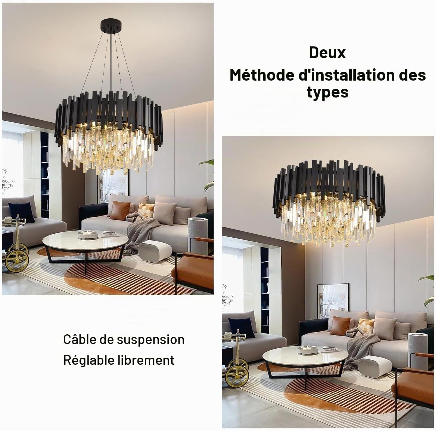 Lustre En Cristal Moderne,2 En 1 Chandelier En Cristal Moderne Pendentif En Or,9Xe14 Lampe À Pendentif En Cristal Rond Pour Salle À Manger, Cuisine, Salon, Chambre, Couloir(55 * 55 Cm,Noir)
