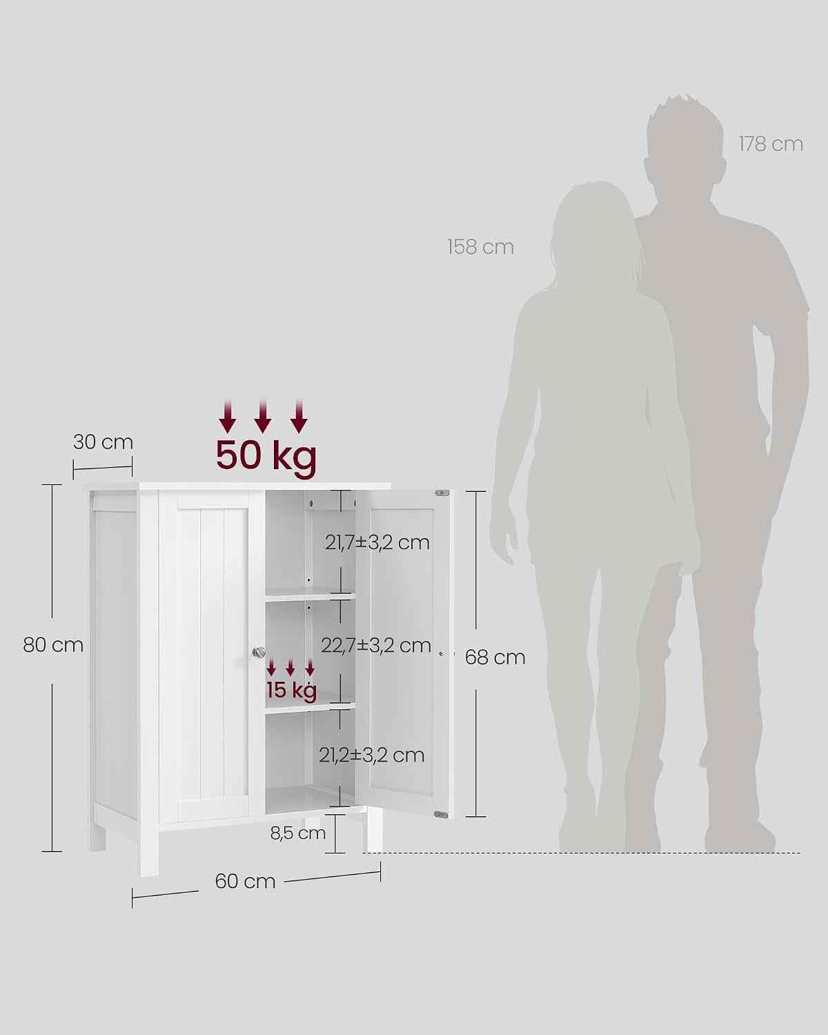 Meuble Salle De Bain Sur Pieds, Armoire De Rangement, Placard Avec 2 Étagères Réglables, 30 X 60 X 80 Cm, Blanc BCB60W