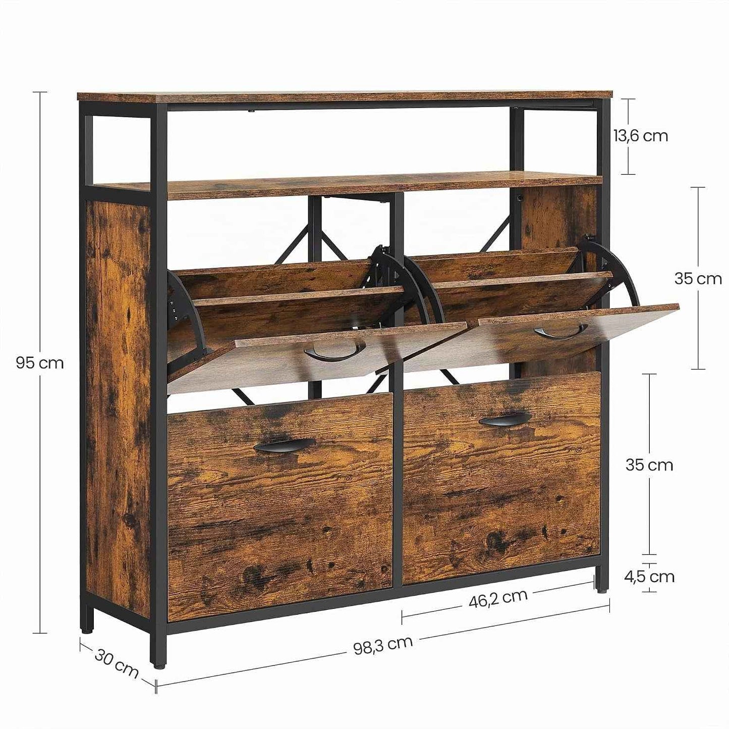 Meuble À Chaussures, Porte-Chaussures Fin, Meuble De Rangement À 4 Abattants, Pour 12-20 Paires, Anti-Poussière, 30 X 98,3 X 95 Cm, Pour Entrée, Marron Rustique Et Noir LBS803B01