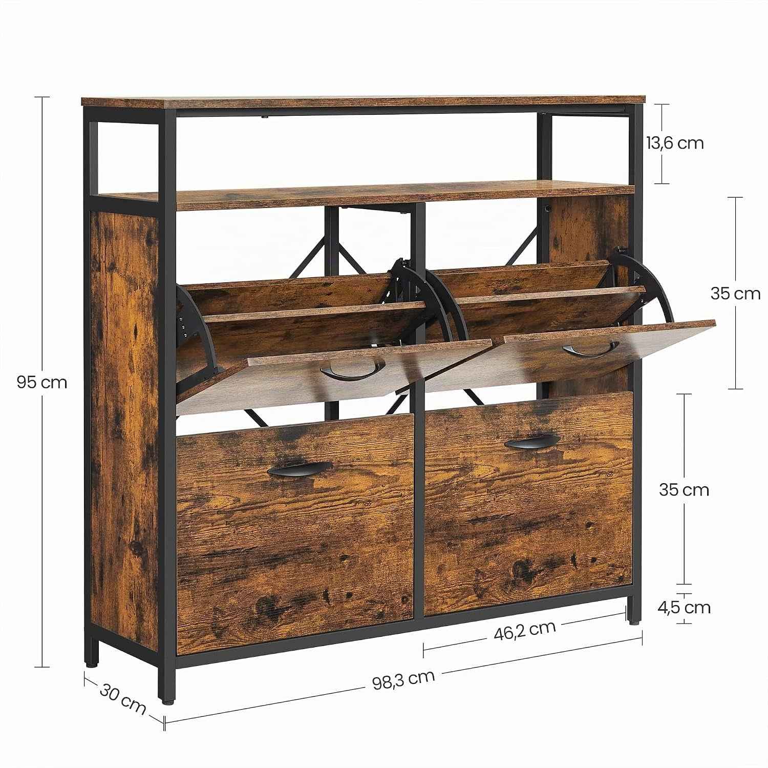 Meuble À Chaussures, Porte-Chaussures Fin, Meuble De Rangement À 4 Abattants, Pour 12-20 Paires, Anti-Poussière, 30 X 98,3 X 95 Cm, Pour Entrée, Marron Rustique Et Noir LBS803B01