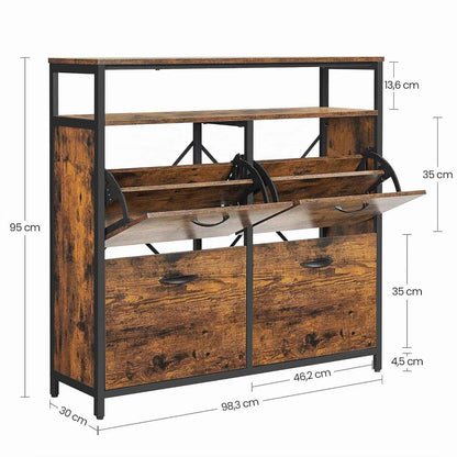Meuble À Chaussures, Porte-Chaussures Fin, Meuble De Rangement À 4 Abattants, Pour 12-20 Paires, Anti-Poussière, 30 X 98,3 X 95 Cm, Pour Entrée, Marron Rustique Et Noir LBS803B01