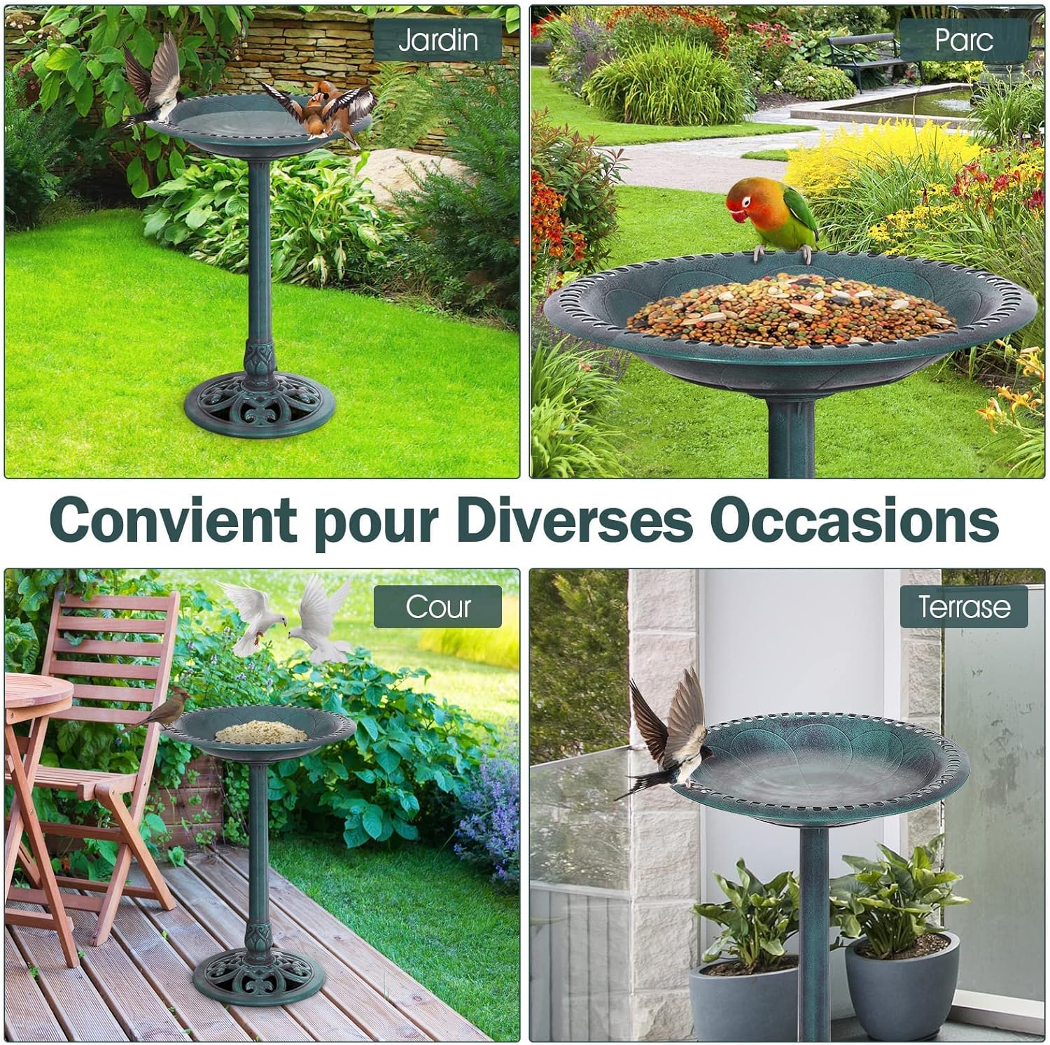 GOPLUS Mangeoire Oiseaux Extérieur, Plateau φ50CM, Abreuvoir Oiseaux Hauteur 72CM, Bain d'oiseaux en PP sur Pied, Base Remplissable, Design Antique, Bronze Vert