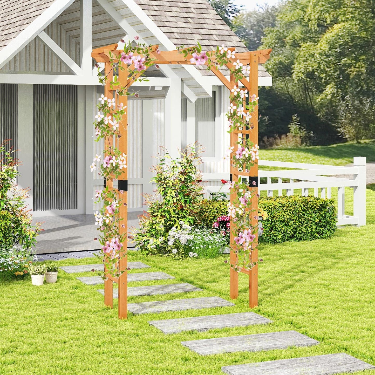 GOPLUS Arche Jardin avec Banc Exterieur, Banc et 2 Treillis pour Plantes Grimpantes, Vignes, Raisins,2 Places, pour Fête, Mariage (50x160x199CM)