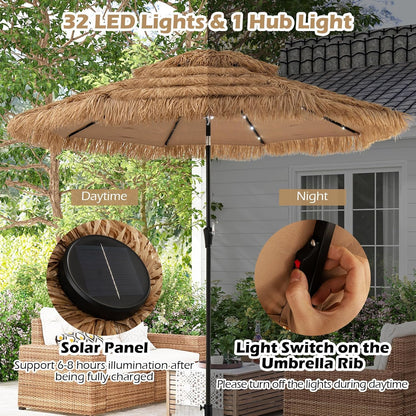 GOPLUS 3M Parasol en Paille PE avec 32 LED Solaires, Parasol Hawaïen Tropical avec Double Toit Inclinable, 8 Baleines, 9 Couches, Manivelle, Anti-UV, Manivelle, pour Jardin Patio Plage
