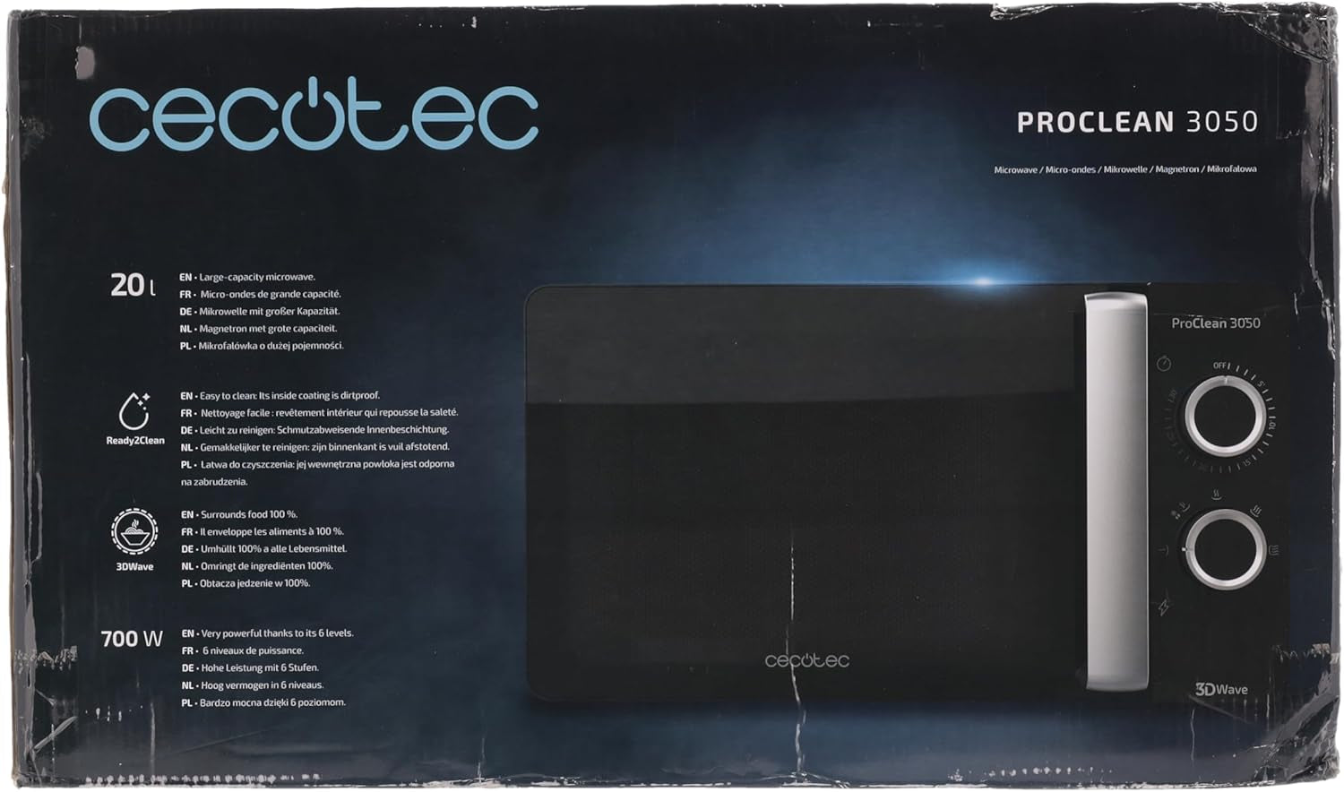 Micro-Ondes Proclean 3050. Capacité De 20 L, Revêtement Ready2Clean, 700 W De Puissance, 6 Niveaux De Fonctionnement, Minuterie 30 Minutes, Mode Décongeler, Finition Noir Et Argenté.