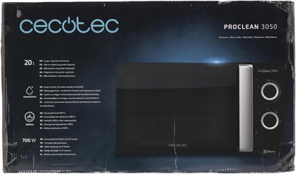 Micro-Ondes Proclean 3050. Capacité De 20 L, Revêtement Ready2Clean, 700 W De Puissance, 6 Niveaux De Fonctionnement, Minuterie 30 Minutes, Mode Décongeler, Finition Noir Et Argenté.
