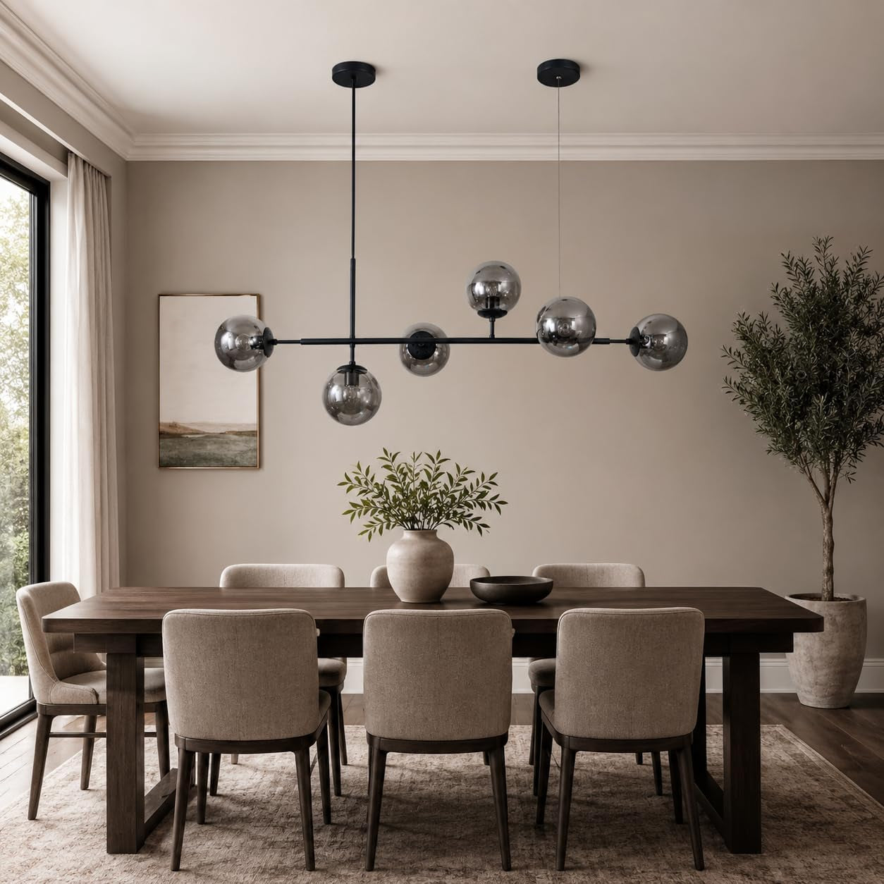 Lighting Lustre De Salon Moderne Noir Avec 6 Lumières, Globes En Verre Gris Fumé Luminaire De Cuisine Suspendu Pour L'Îlot De Cuisine, La Salle À Manger, Le Salon