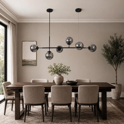 Lighting Lustre De Salon Moderne Noir Avec 6 Lumières, Globes En Verre Gris Fumé Luminaire De Cuisine Suspendu Pour L'Îlot De Cuisine, La Salle À Manger, Le Salon