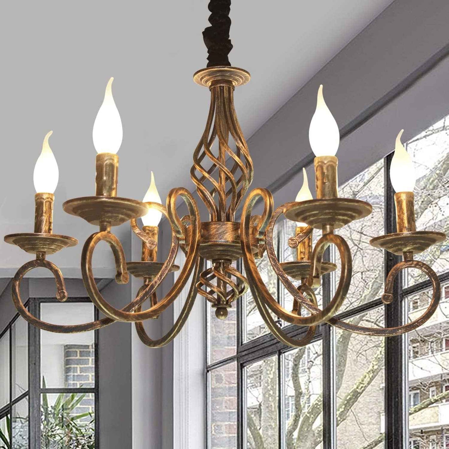 Lustre Rustique Campagne Bronze 6 Lumières Métal | Antique Suspendu Pour Îlot Cuisine Salle À Manger Ferme Salon Éclairage Vintage Hauteur Réglable