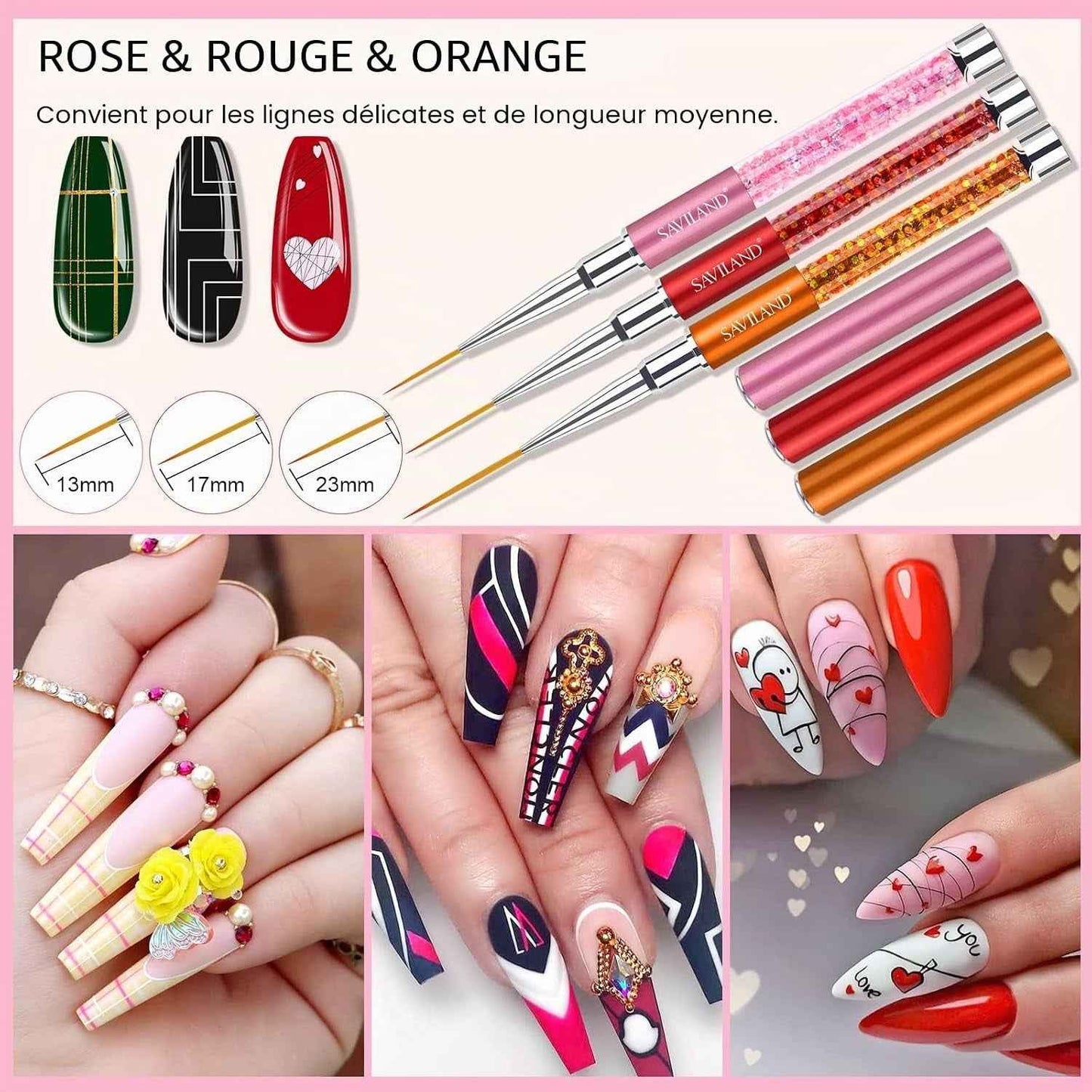 Pinceau Nail Art Ongle, 6Pcs Pinceaux Ongle Kit Fins En Capuchon, Absorption Uniforme Pinceaux Liner Nail Art, Utiliser Facilement Stylos Detailes Pour Gel Peinture（ Taile 7/9/11/13/23 Mm)