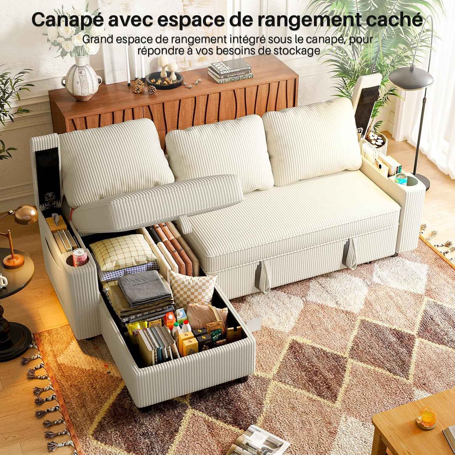 , Canapé Lit Avec Rangement Intégré Et Accoudoirs Multifonctionnels, Idéal Pour Salon, Design Moderne Et Pratique,Bureau Et Petit Appartement, Beige