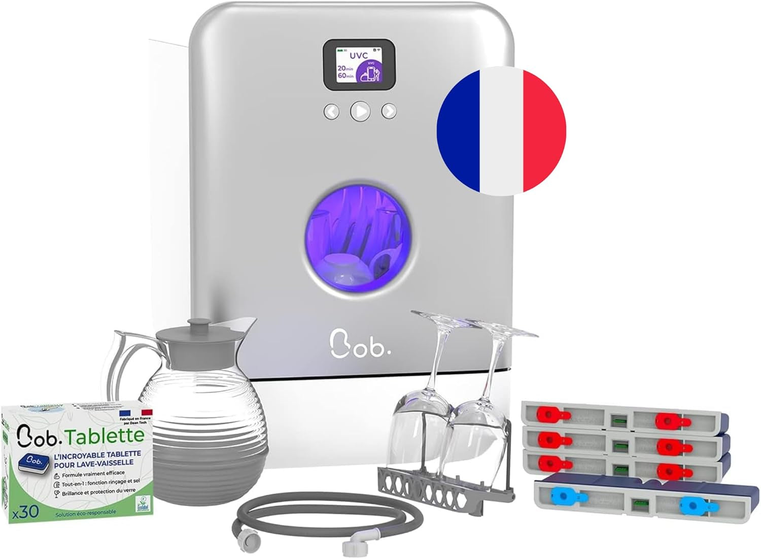 Bob - Lave-Vaisselle Compact 3 Couverts Encastrable - Pose Libre, Avec Réservoir, Portable - Séchage Naturel - Assiette 29 Cm - Label Origine France Garantie, Eco-Conçu (Premium Blue)