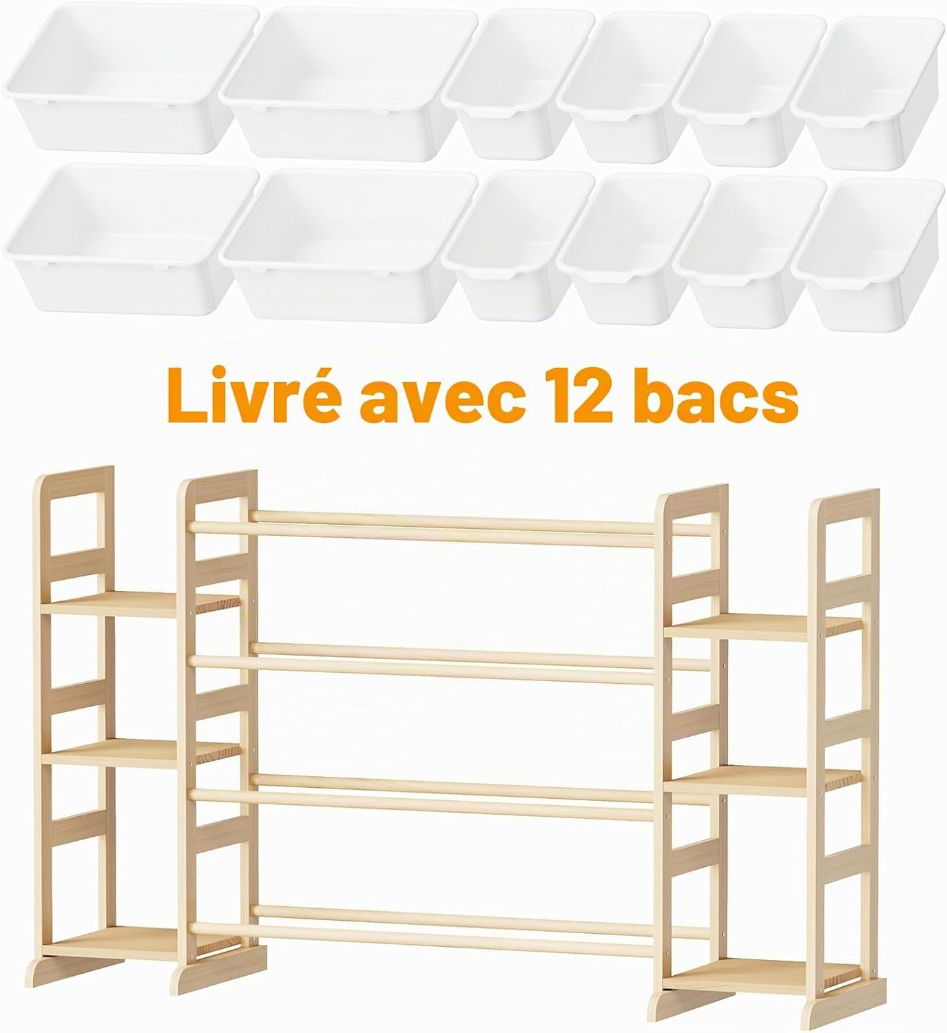 Meuble Rangement Enfant Avec 6 Étagères Et 12 Bacs, Bibliotheque Enfant, Meuble De Rangement Enfant Avec Bacs Pour Chambre Et Salle De Jeux - Blanc​