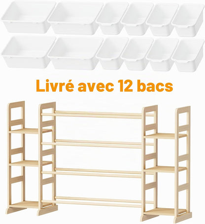 Meuble Rangement Enfant Avec 6 Étagères Et 12 Bacs, Bibliotheque Enfant, Meuble De Rangement Enfant Avec Bacs Pour Chambre Et Salle De Jeux - Blanc​