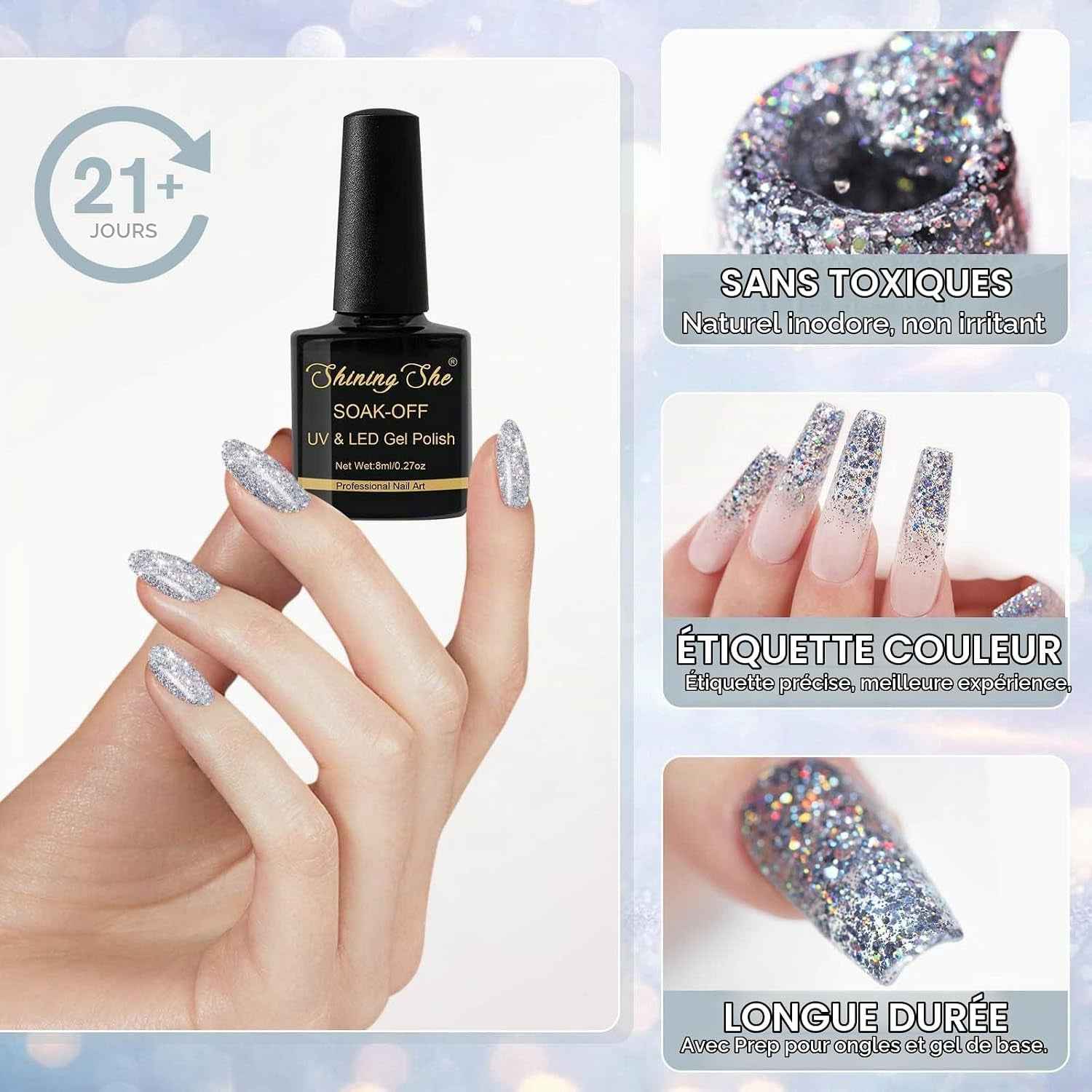 Vernis À Ongles Semi Permanent Paillettes, 10 Couleurs Blanc Argenté Noir or Rose Gel Soak off UV/LED Kit Pour Salon De Manucure DIY Home, 8Ml