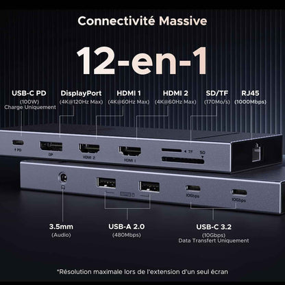 Revodok Pro 3121 Hub USB C 12 En 1 Docking Station Triple Affichage | Double HDMI 4K60Hz, 1 Displayport 4K120Hz, 10Gbps, PD 100W Charge, RJ45 Gigabit, SD TF, Multi Data Ports 2A2C, Audio 3.5Mm