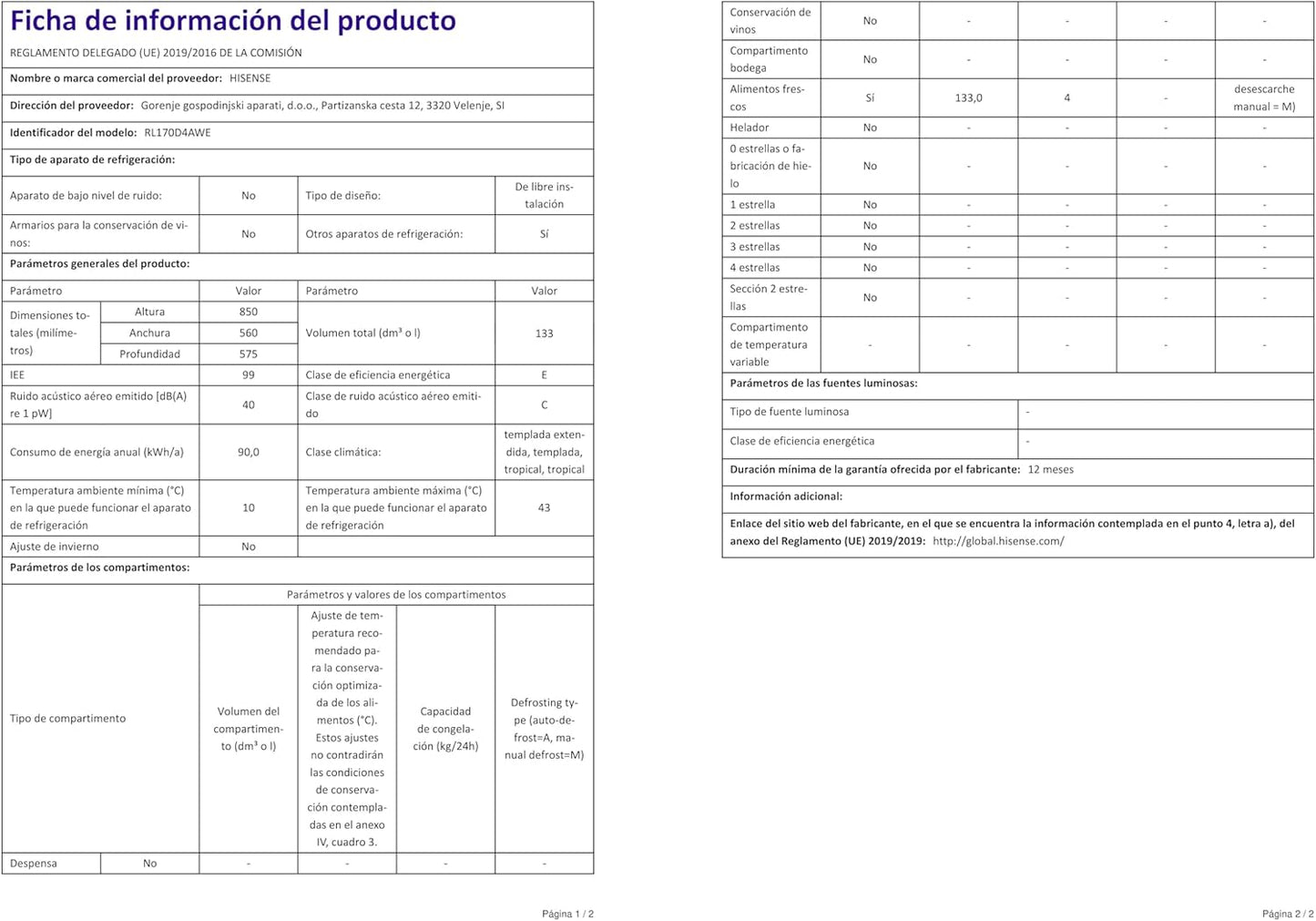 HISENSE RL170D4AWE Petit Réfrigérateur À Une Porte Réversible Avec Capacité De 138 L, Garde-Manger Vertical Blanc