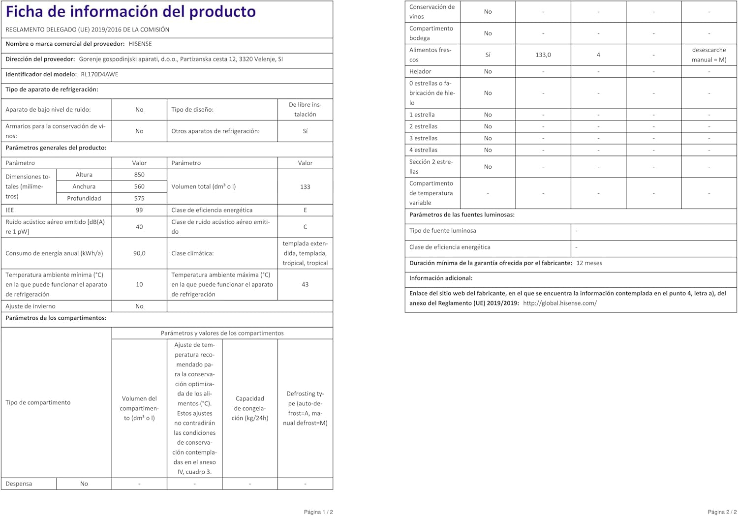 HISENSE RL170D4AWE Petit Réfrigérateur À Une Porte Réversible Avec Capacité De 138 L, Garde-Manger Vertical Blanc